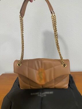 Camel Quilted Leather Shoulder Bag with Gold Chain
